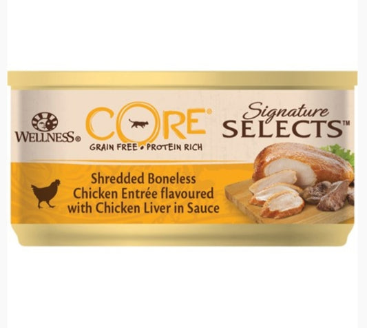 CORE Sig.Selects Strimlet benfri kylling med kyllingelever i saucer 85g