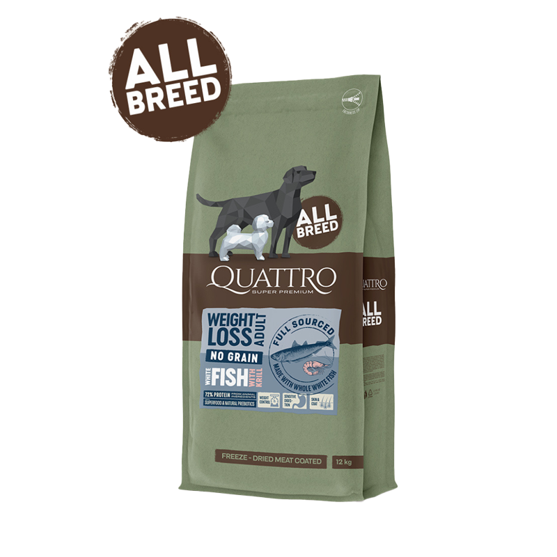 Quattro Super Premium No Grain All Breed Adult WEIGHT LOSS, White Fish & Krill