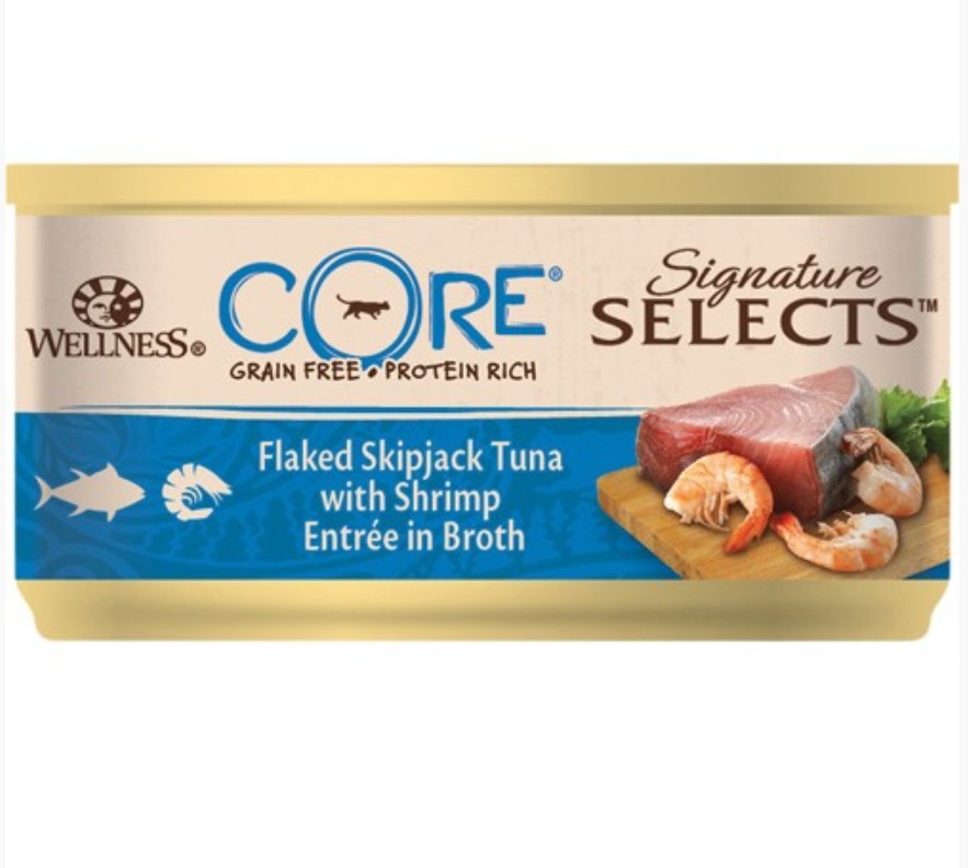 CORE Sig.Selects Flaked Skipjack-tun med rejer i bouillon 85g